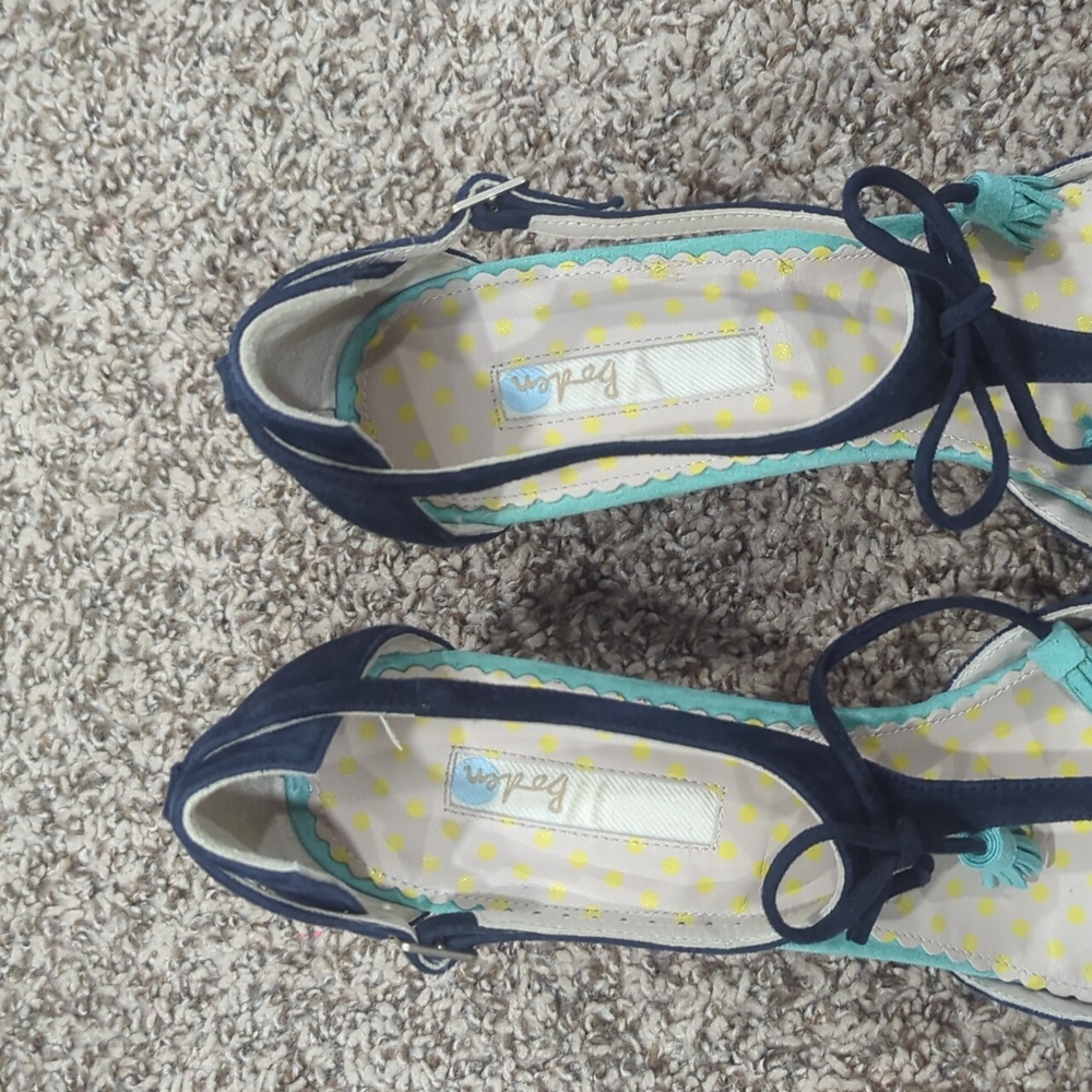 Boden Alice Suede T-strap Tassles High Heels Navy Blue Purple Size 42 Never Worn - Picture 3 of 11